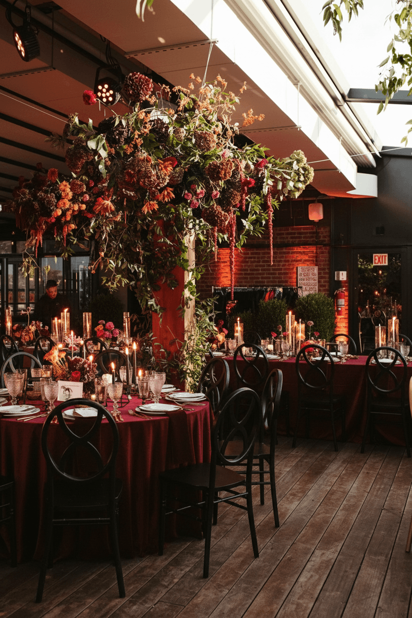 Grand ballroom transformed with crystal chandeliers and floral installations