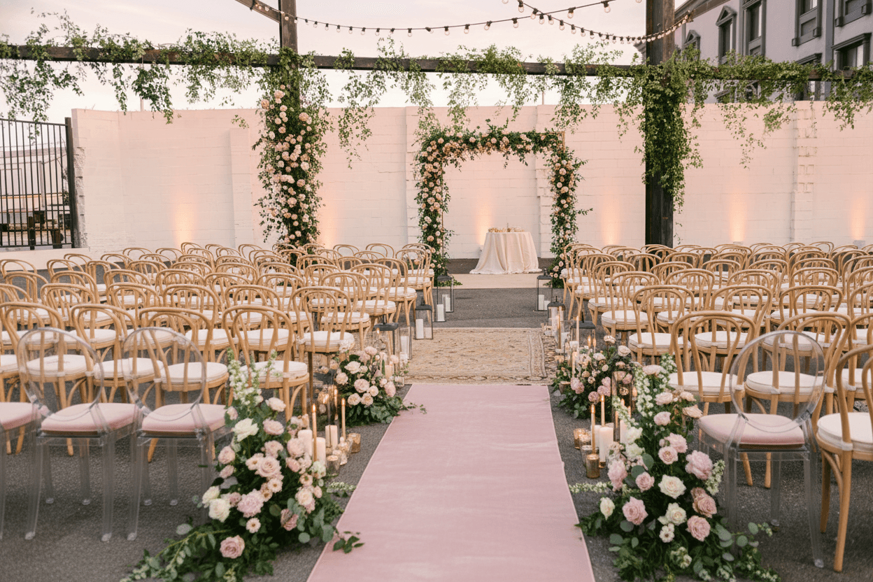 Garden estate venue transformed with ceremony arch and vintage chairs