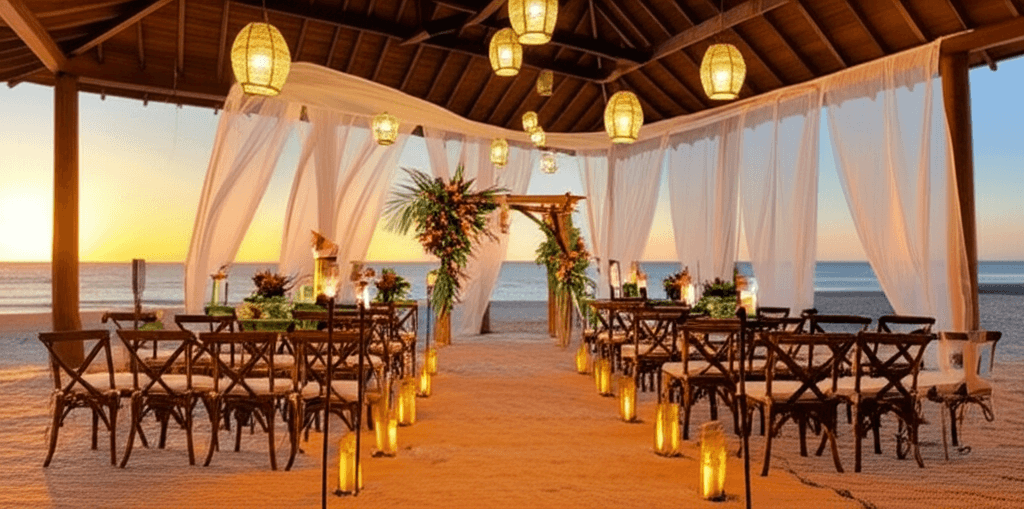 Beach pavilion transformed with flowing fabric, tropical flowers, and tiki torches