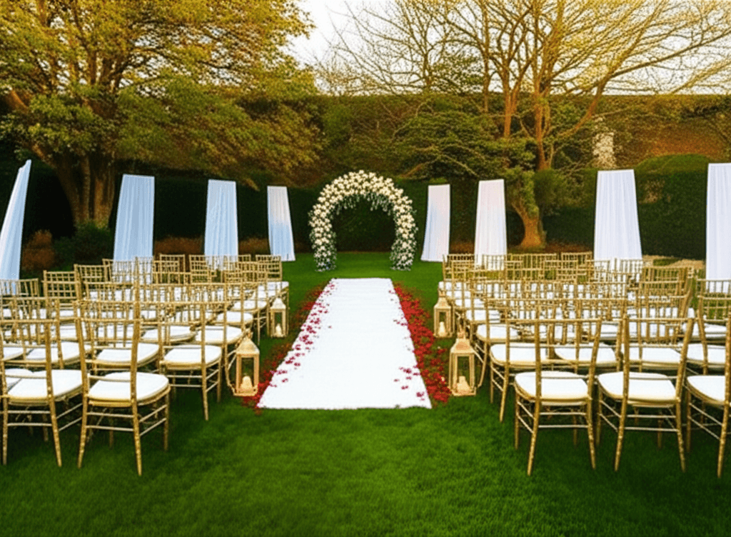 Garden estate set with floral arch, gold chairs, and rose petal aisle