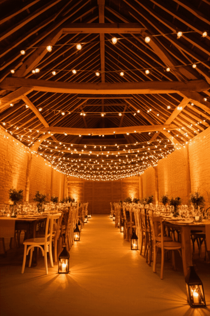 Rustic barn transformed with Edison lights, farm tables, and wildflower centerpieces