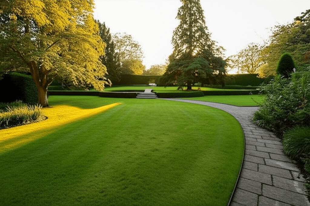 Empty manicured garden lawn at a large estate