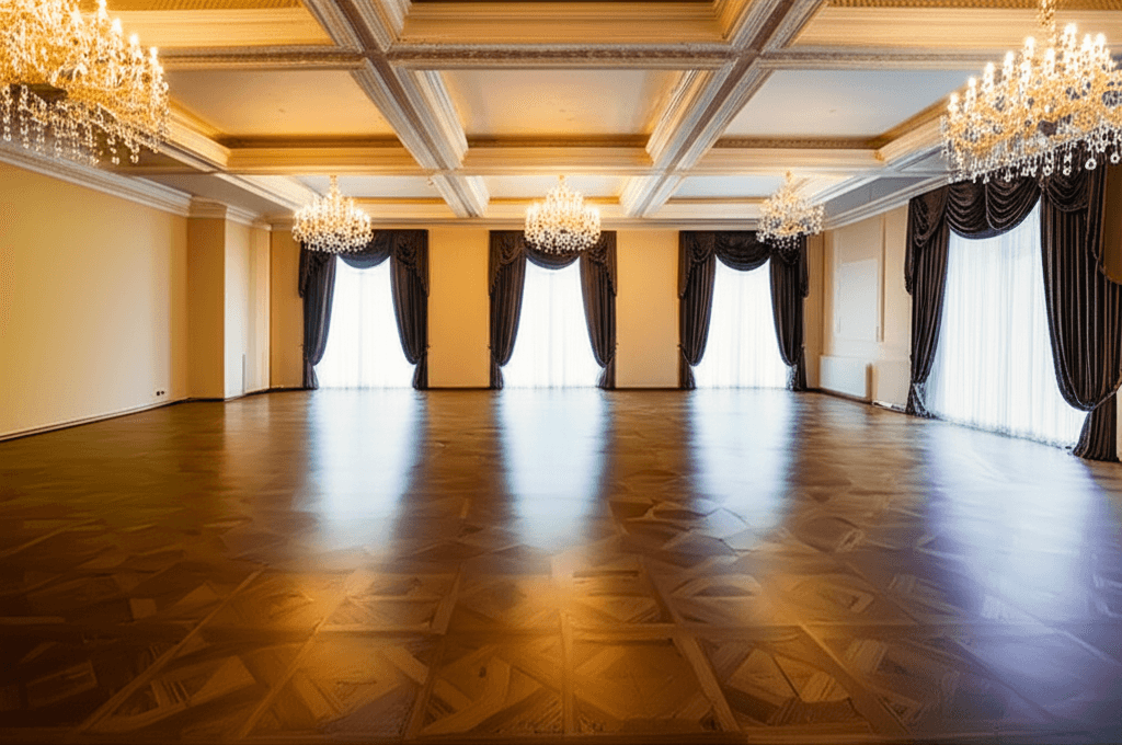 Empty grand ballroom with ornate crown molding and crystal chandeliers