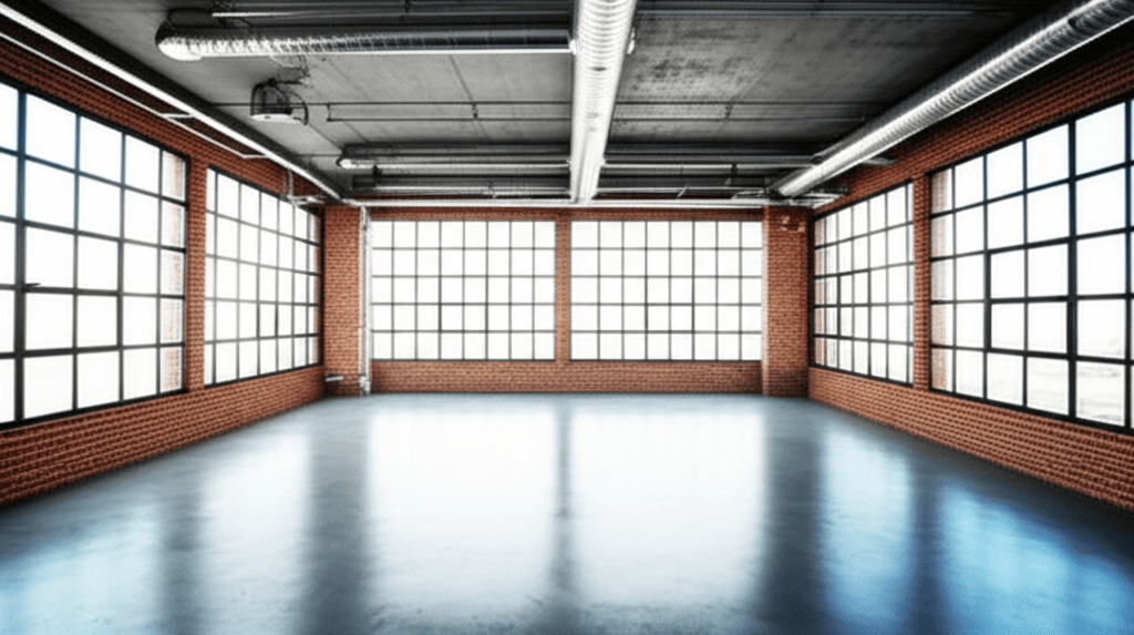 Empty industrial loft with exposed brick walls and concrete floors