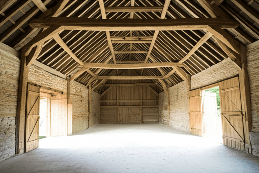 Empty rustic barn with exposed wooden beams and rafters
