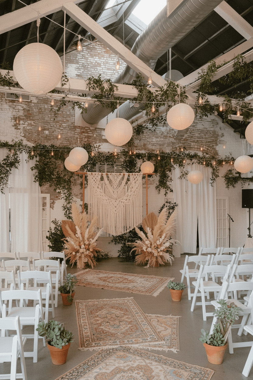 The same venue rendered in the couple's wedding style, macrame backdrop, pampas and layered rugs
