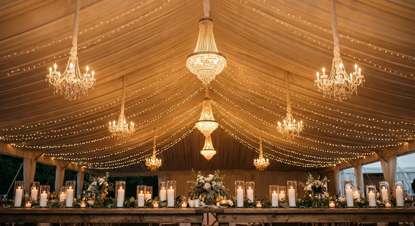 Warm ambient wedding lighting with string lights and candles
