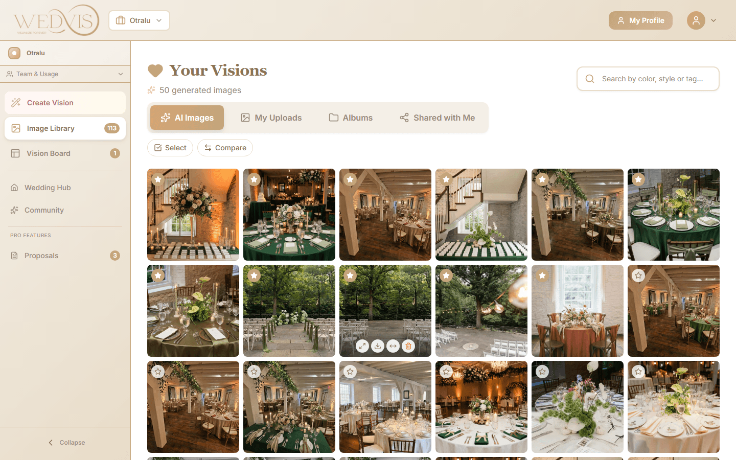 Image gallery with 30+ AI-generated wedding venue visions
