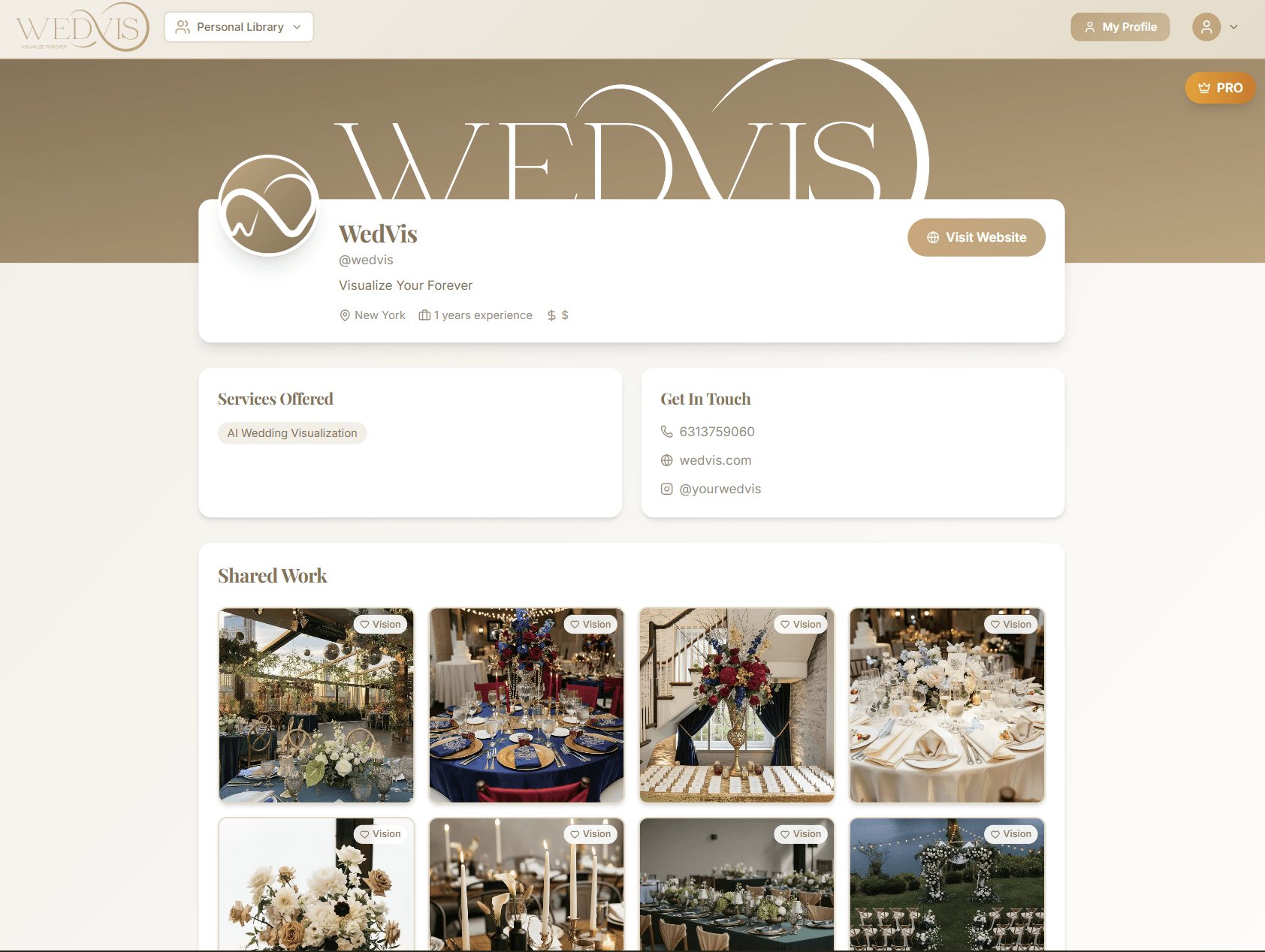 Professional profile with portfolio, services, and contact info