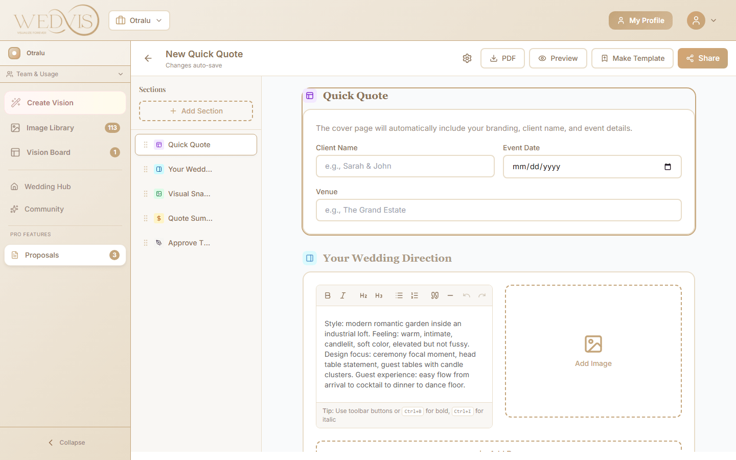 Proposal editor showing modular section builder with text, images, and pricing