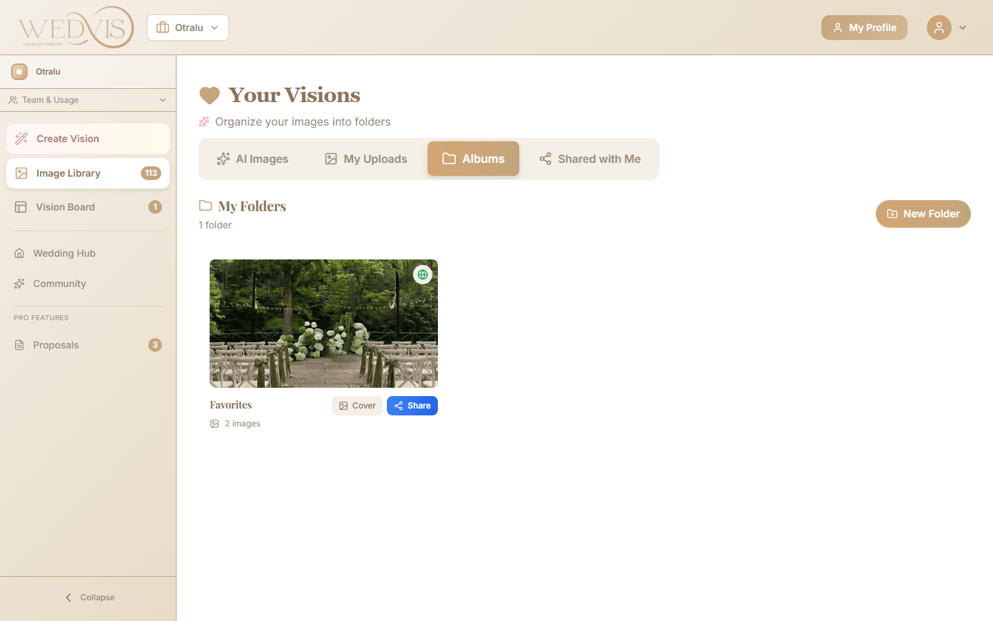 Albums view with shareable folders and Share button