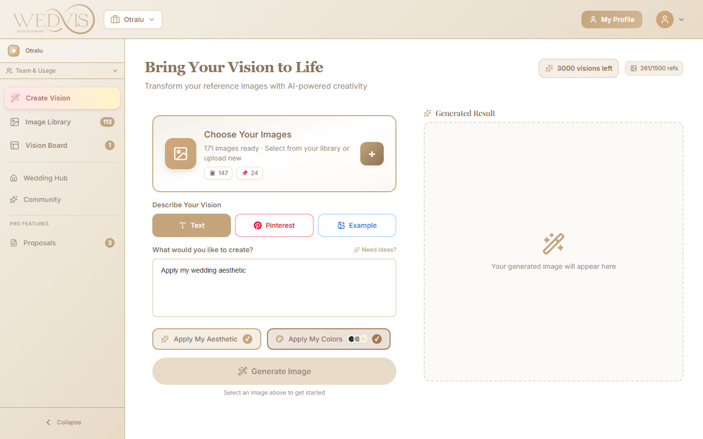 WedVis AI generation interface with text prompt, Pinterest input, creativity controls, and Apply My Aesthetic toggle