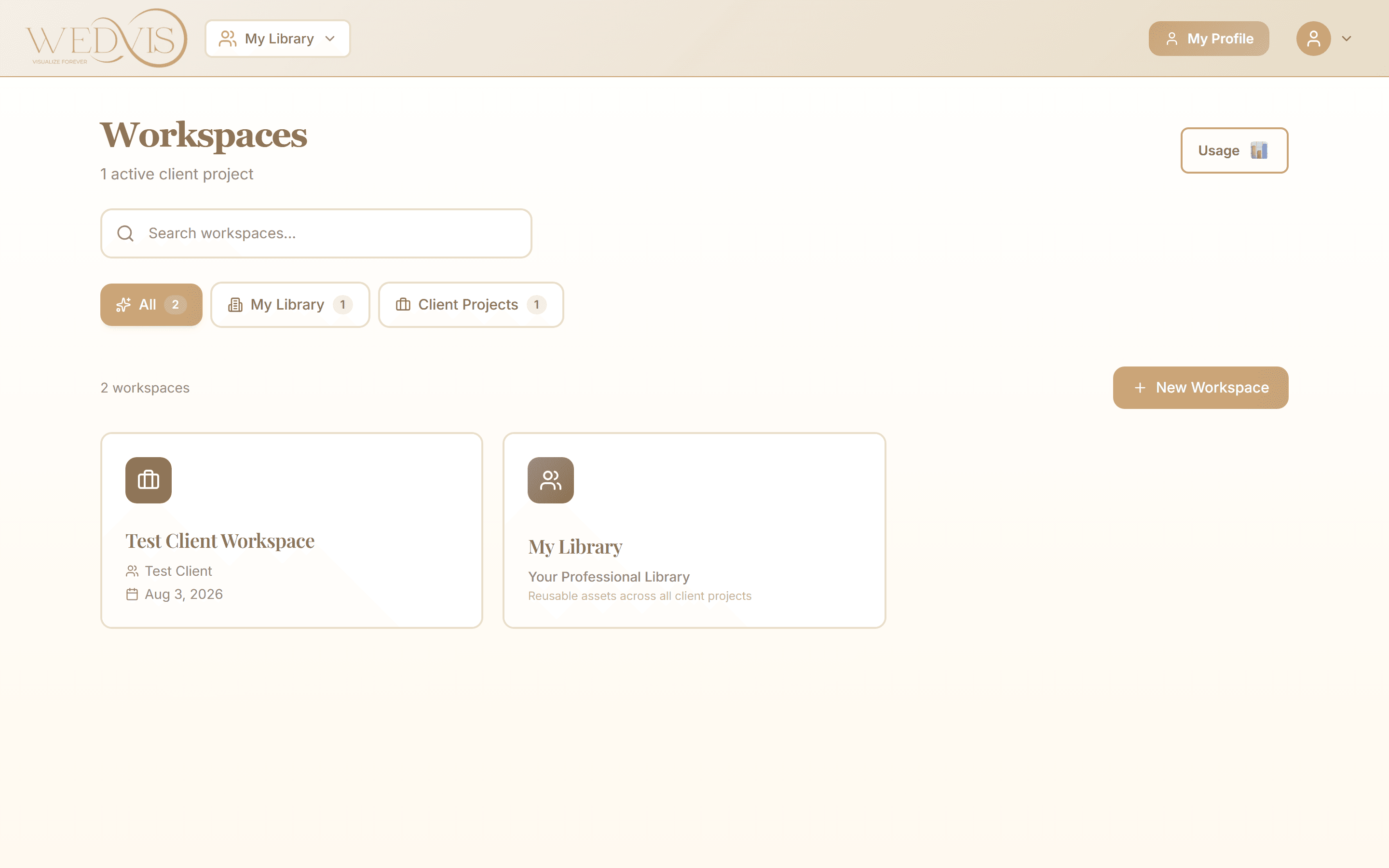 WedVis professional workspaces dashboard showing client project cards, My Library, and New Workspace button