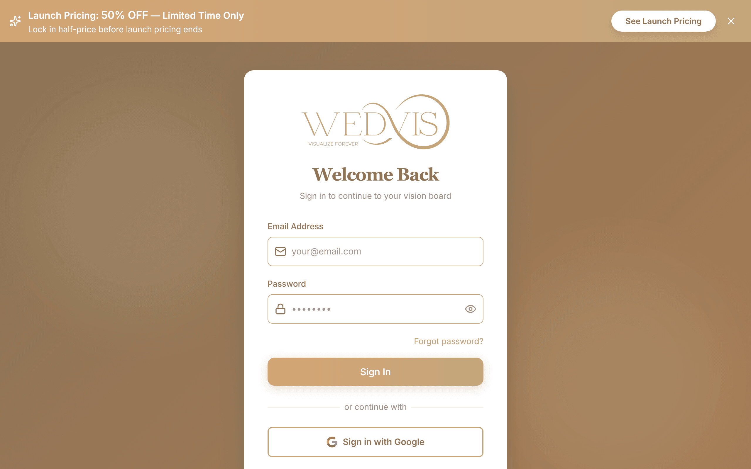 WedVis Create Vision interface showing image upload area, text and Pinterest input options, and Generate Image button