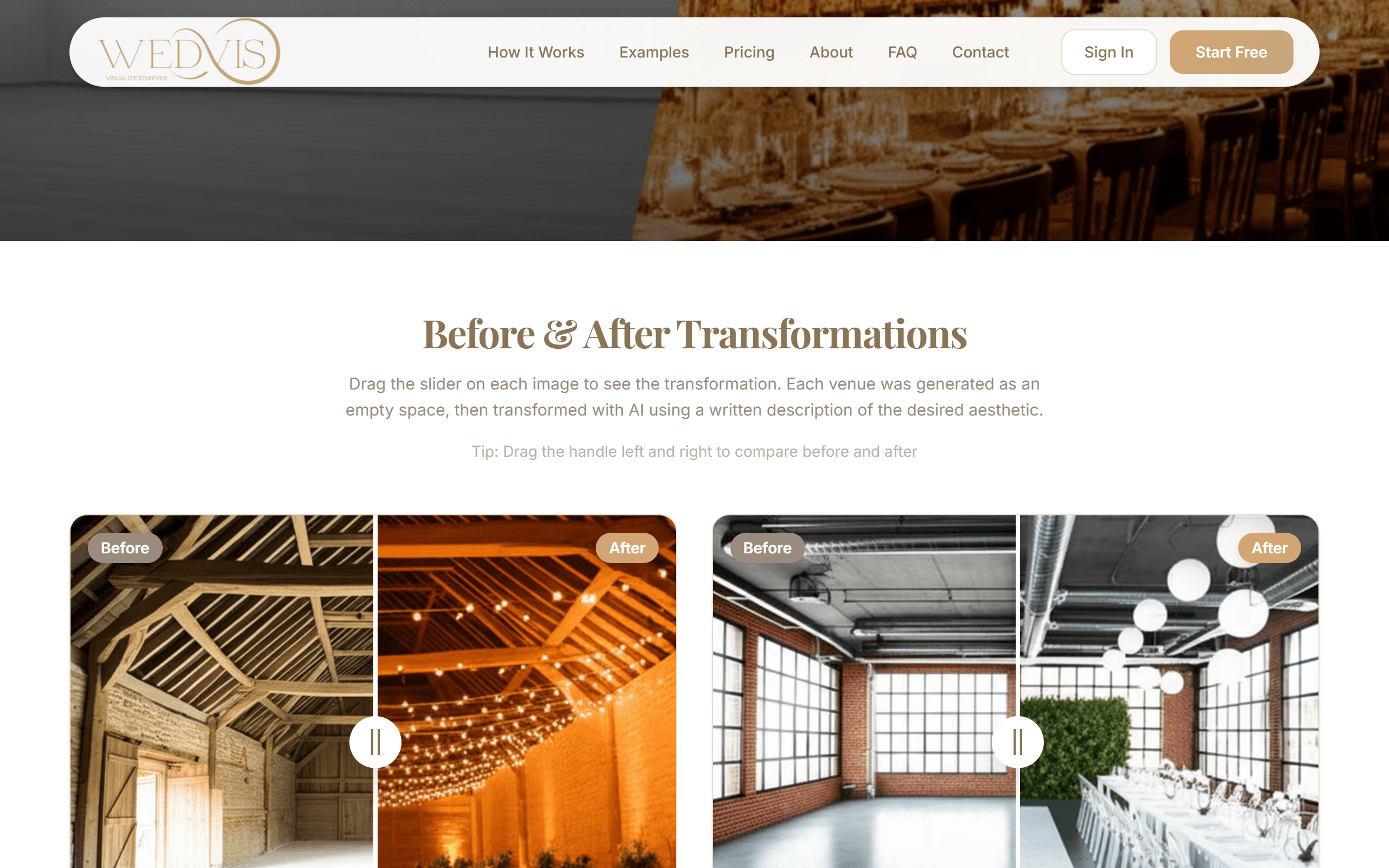 Before and after comparison showing an original venue photo transformed with AI-generated wedding decor, florals, and lighting