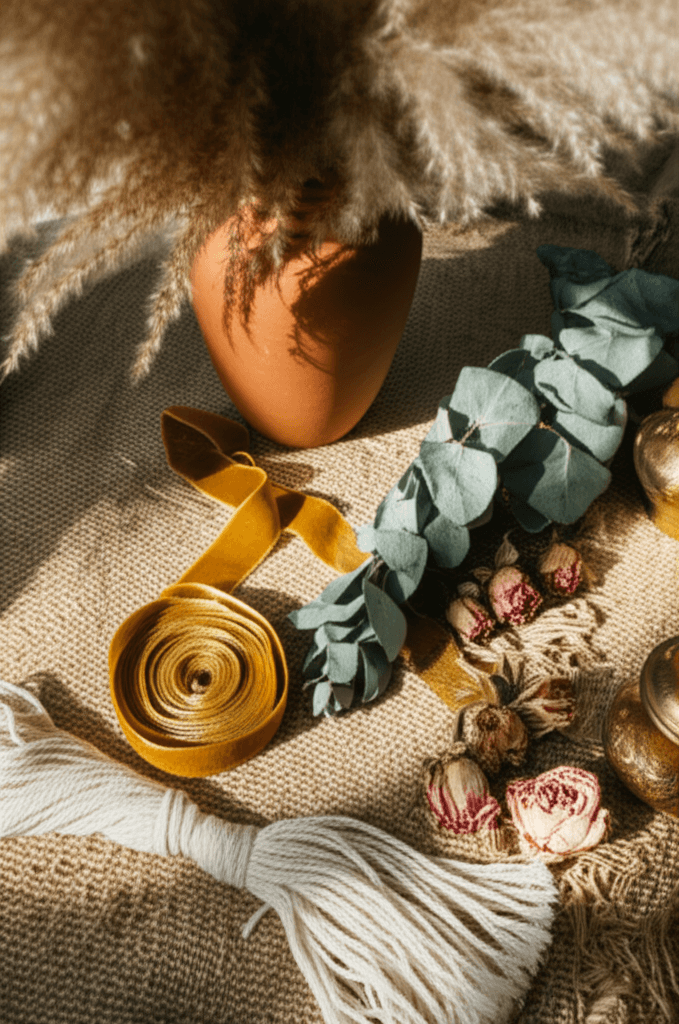 Bohemian wedding color palette with terracotta, pampas grass, and earthy elements