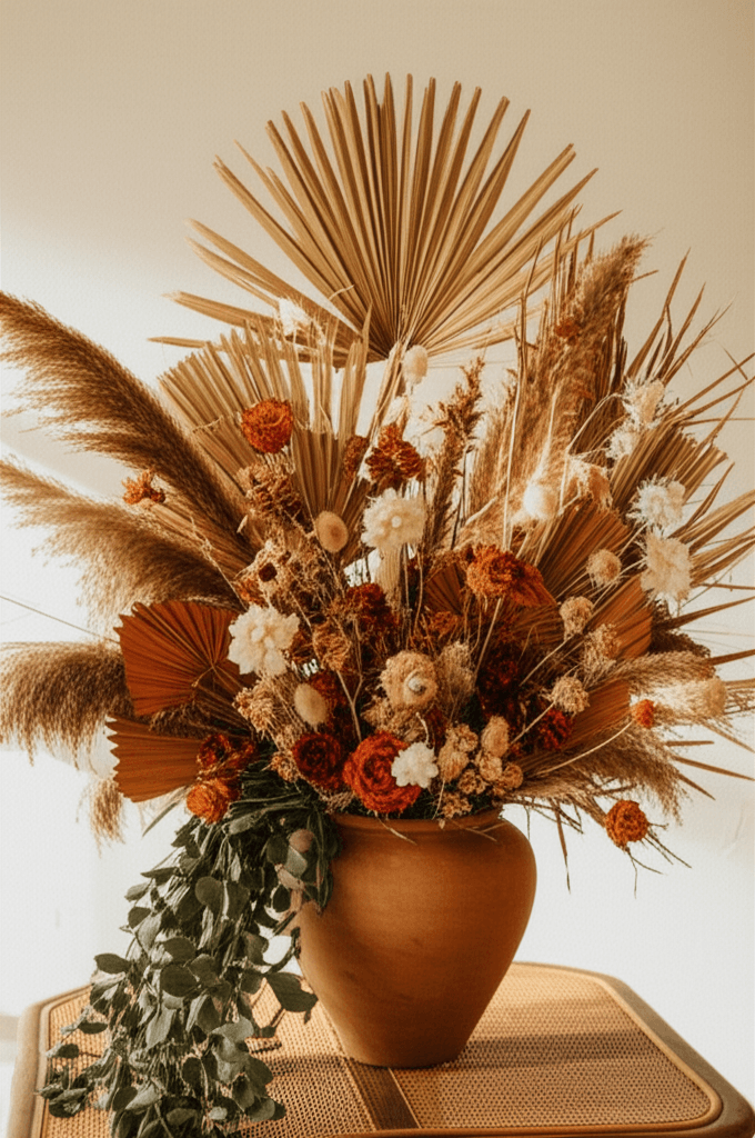 Lush bohemian floral arrangement with pampas grass and dried flowers in terracotta vessel