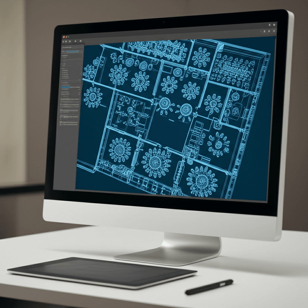 Computer monitor showing a 3D architectural floor plan of a wedding venue layout
