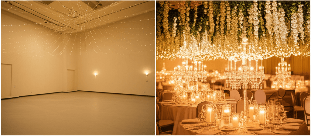 AI-powered wedding venue visualization showing a venue transformed with elegant decor