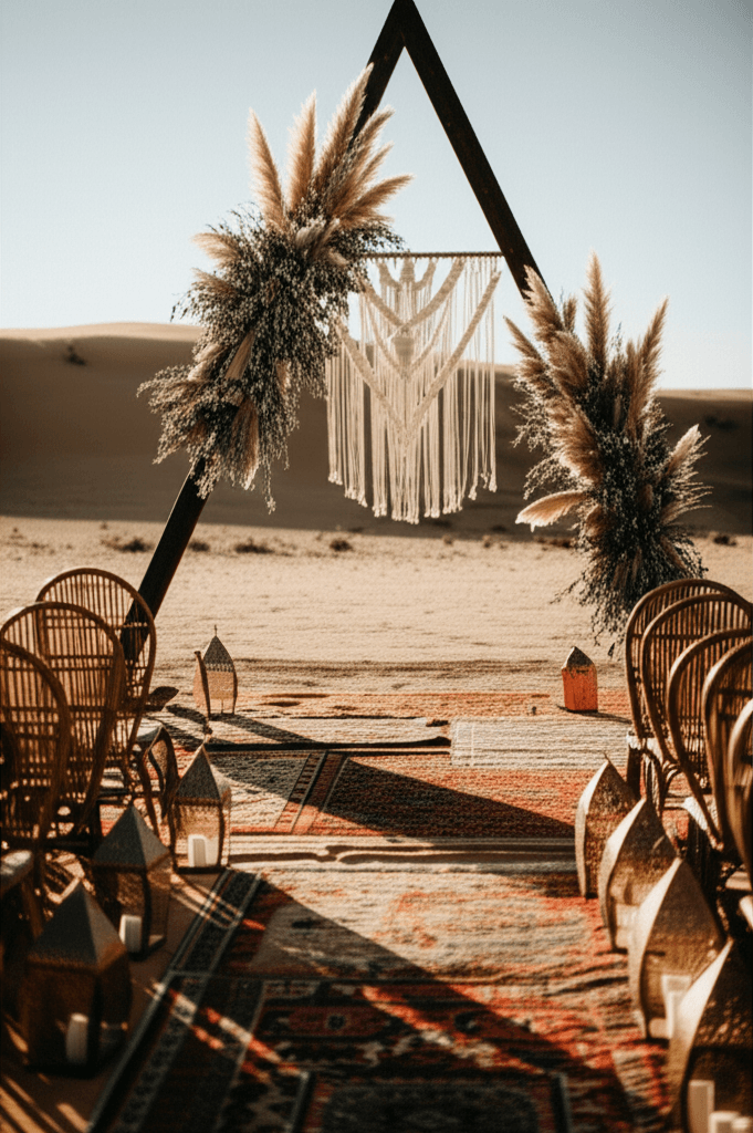 Bohemian wedding ceremony in a desert landscape with pampas grass arch and macrame backdrop