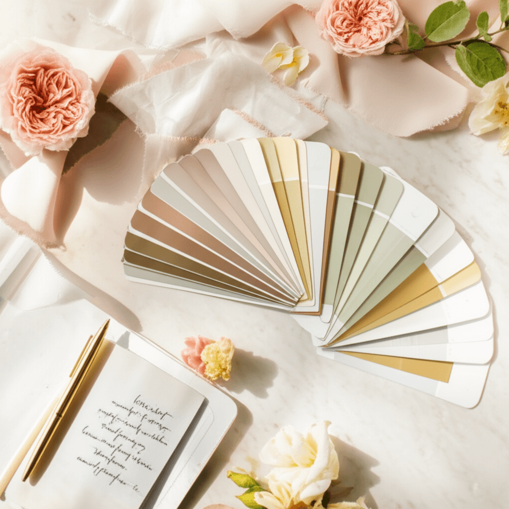 Wedding color planning flatlay with fabric swatches, paint chips, and fresh flowers in blush and gold tones