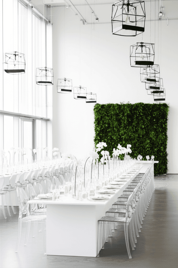 Sleek modern minimalist wedding reception with clean lines and architectural florals