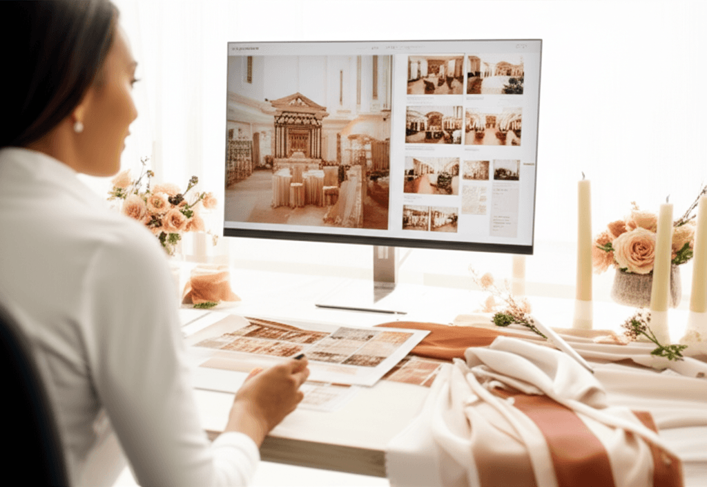 Professional wedding planner reviewing AI venue visualizations on a monitor in an elegant workspace
