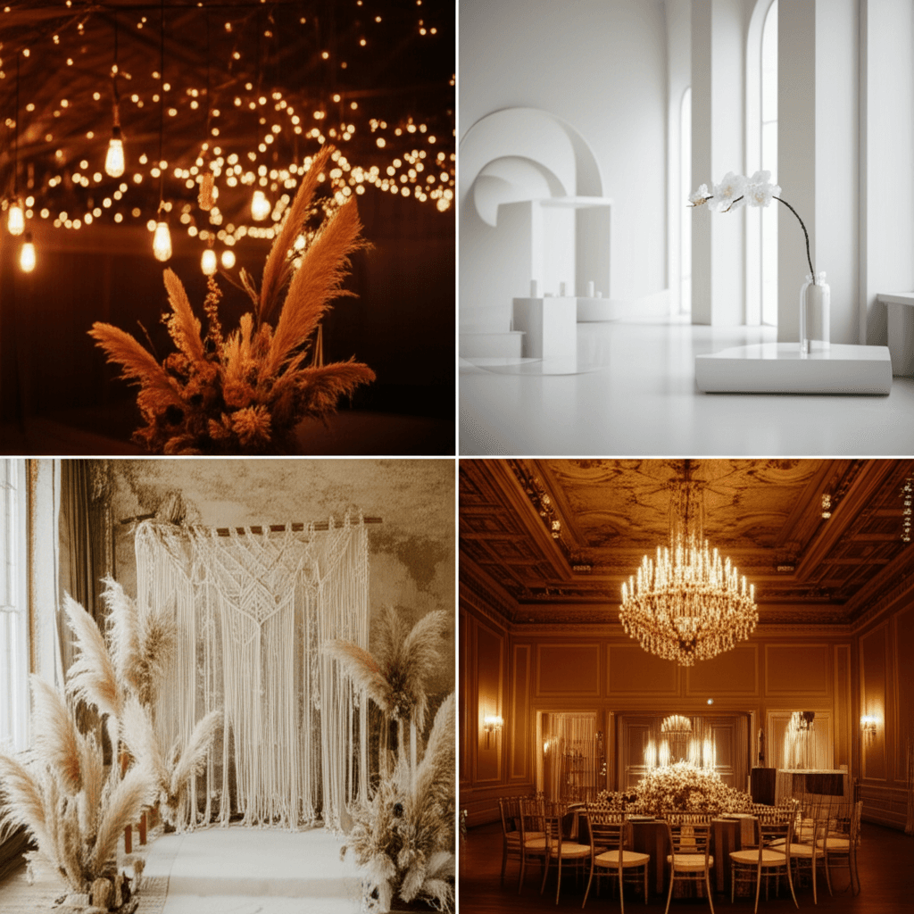 Collage of different wedding aesthetics including rustic, modern, boho, and glamorous styles