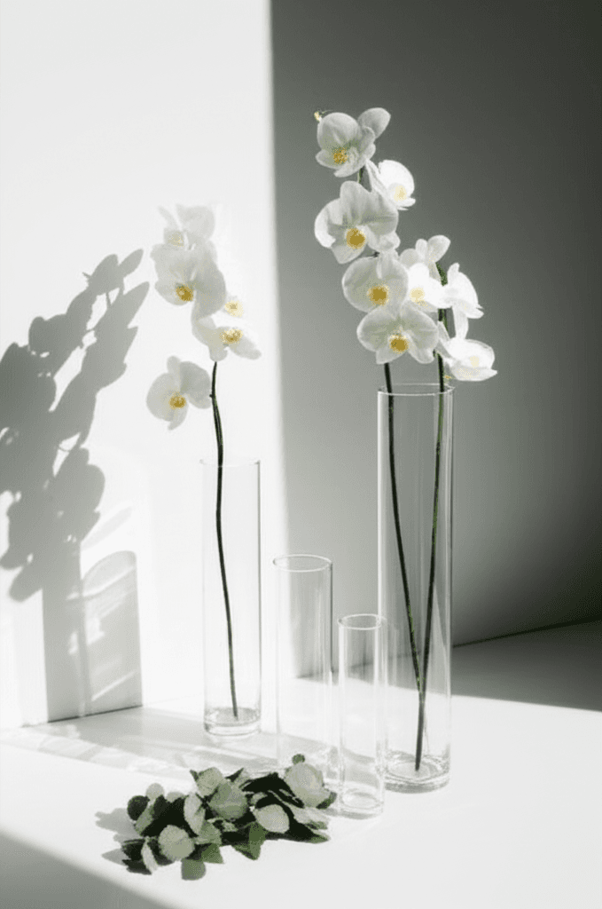 Architectural minimalist wedding floral arrangement with single-stem orchids in glass vases