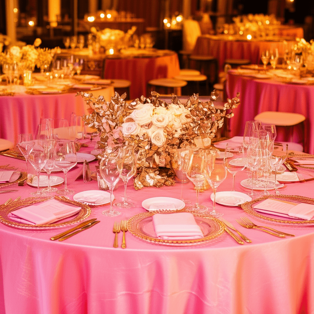 Wedding reception venue decorated in a cohesive blush and gold color palette