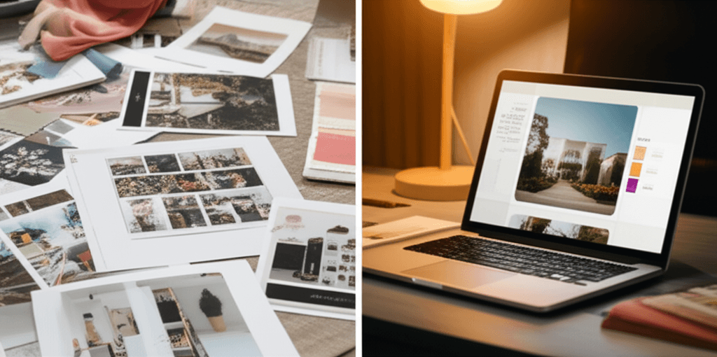 Split comparison of messy Pinterest mood board versus polished AI venue visualization presentation