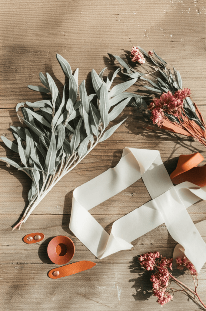 Rustic wedding color palette mood scene with sage, dusty rose, and natural textures