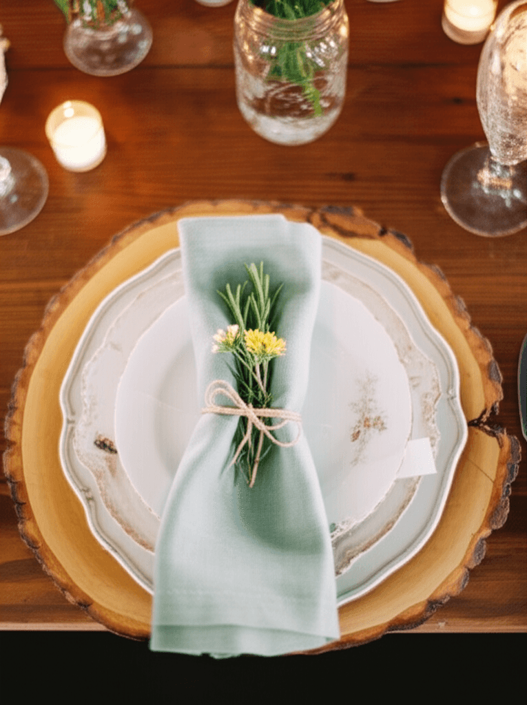 Rustic wedding place setting with wooden charger, linen napkin, and wildflower centerpiece