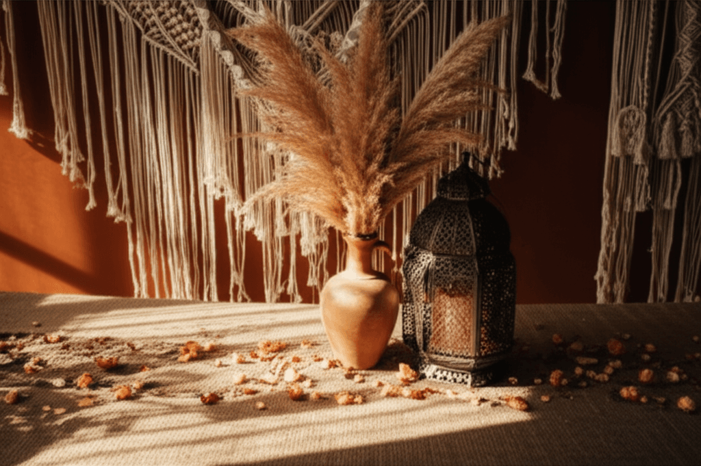 Bohemian wedding style with pampas grass and macrame details