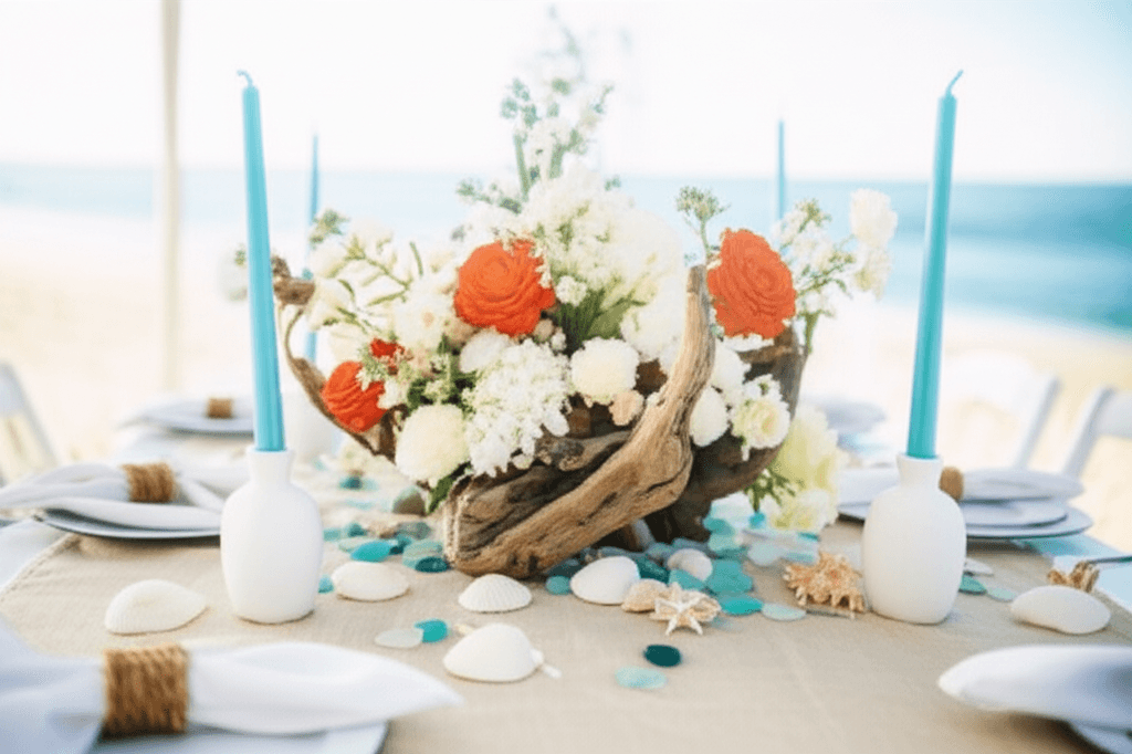 Coastal wedding style with driftwood accents and ocean-inspired palette