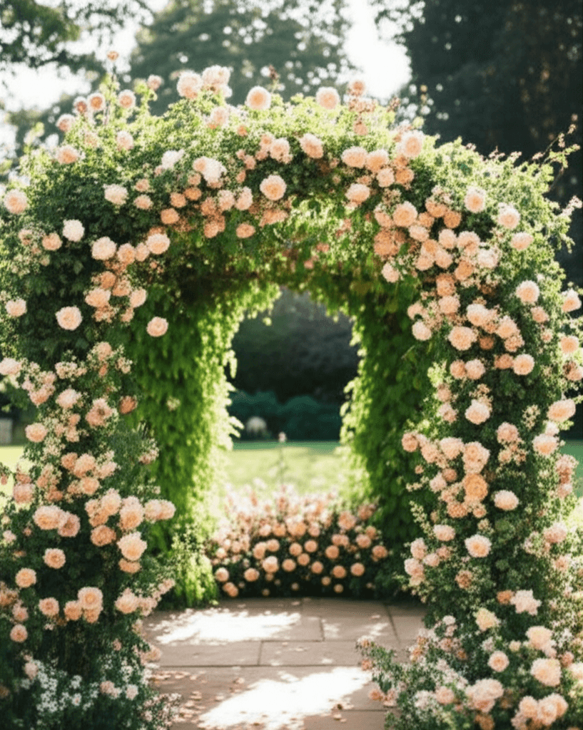 Garden wedding style with lush greenery and floral arbor