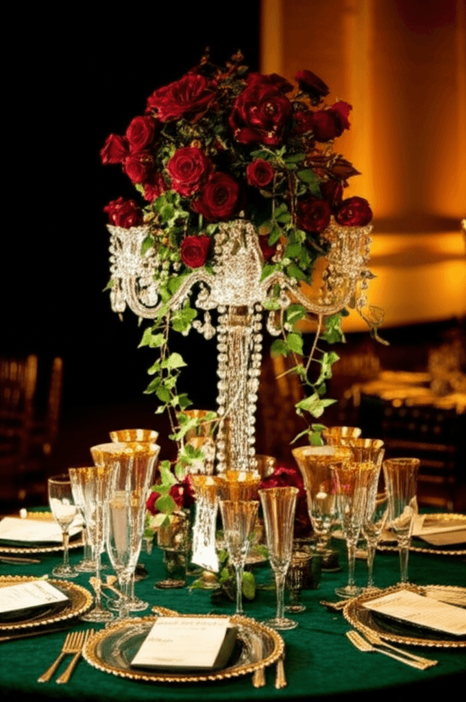 Glamorous wedding style with crystal chandeliers and rich jewel tones