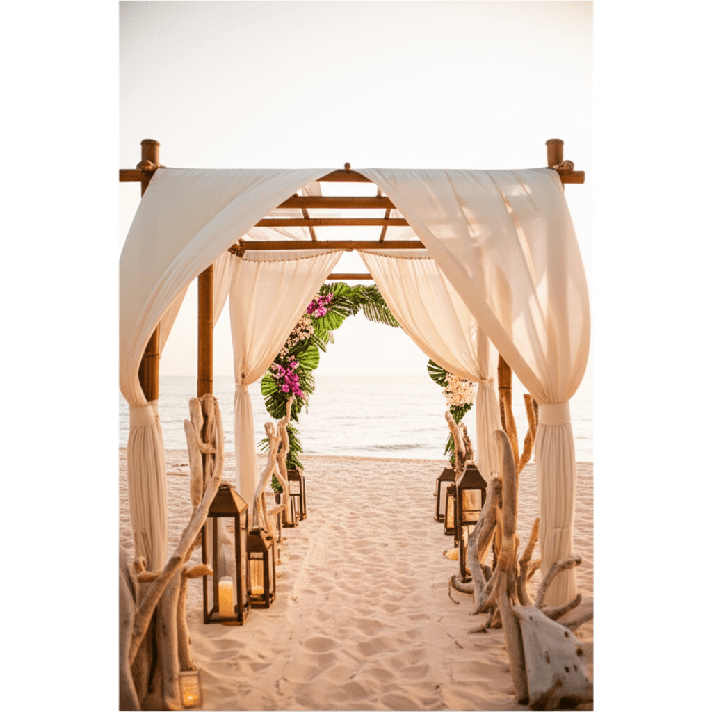 Beachfront terrace decorated for a tropical wedding celebration