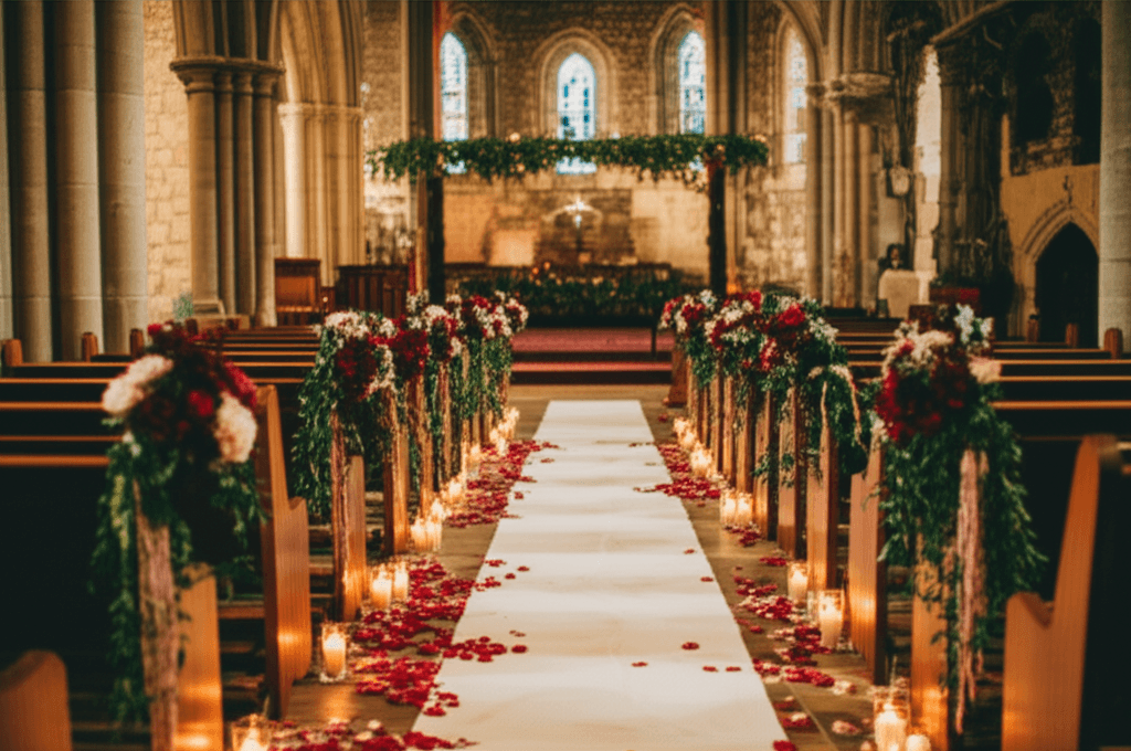 Historic church interior decorated with floral arrangements and candlelight