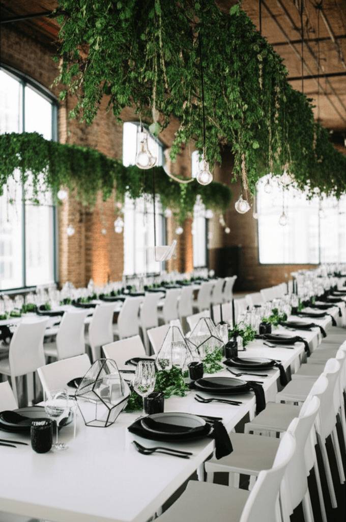 Modern loft space transformed with greenery walls and geometric decor