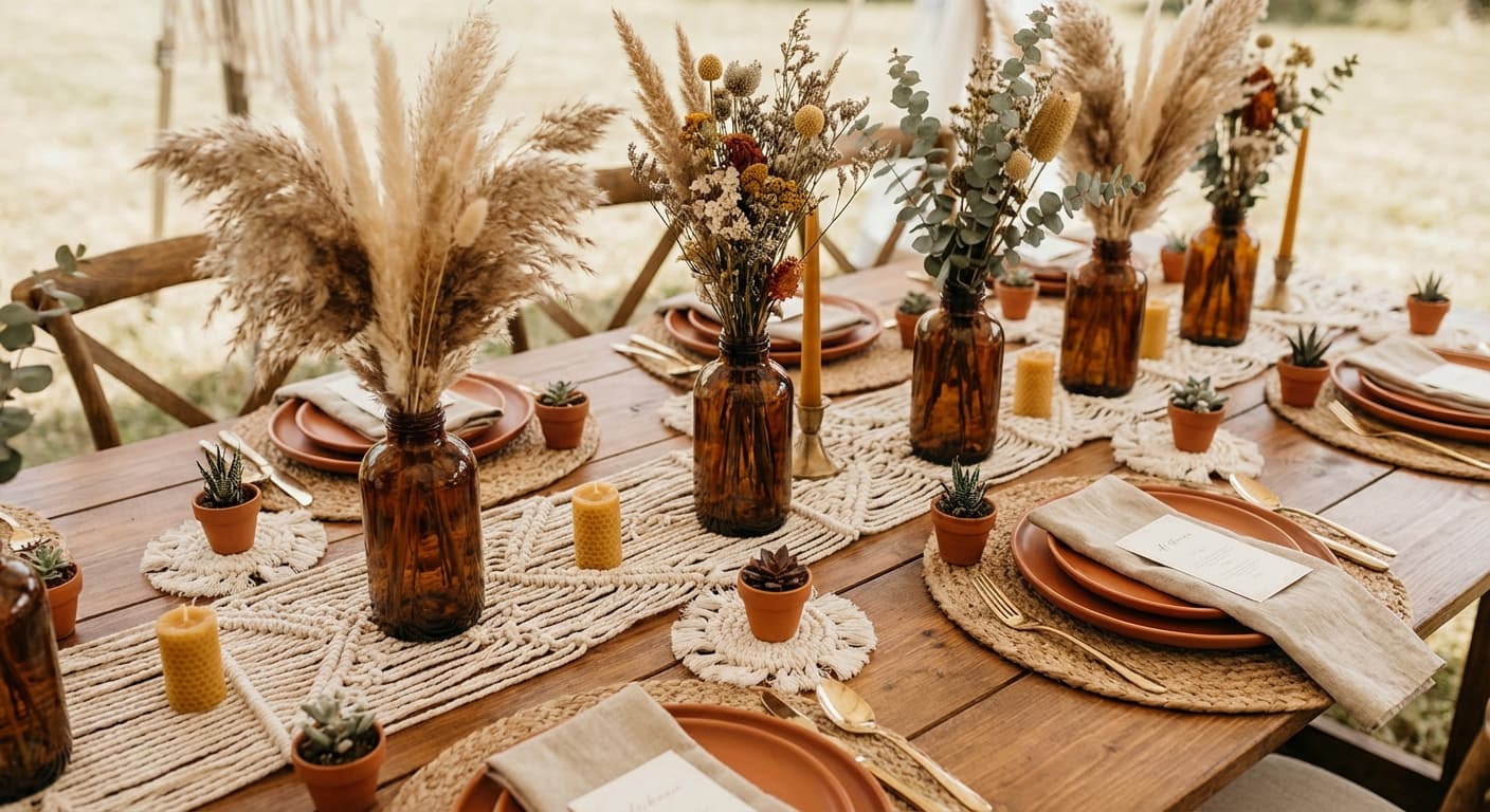 Bohemian tablescape with pampas grass and terracotta