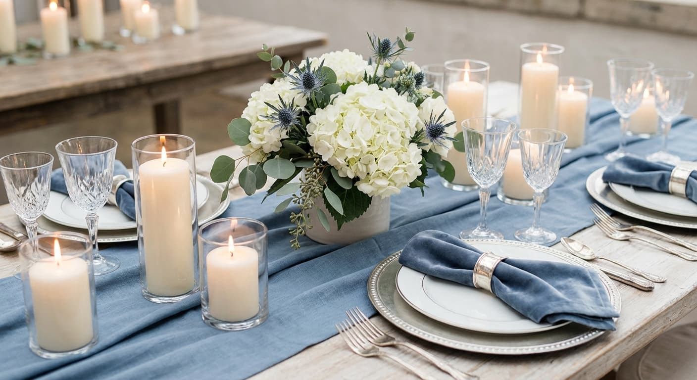 Dusty blue table with velvet napkins and hydrangeas