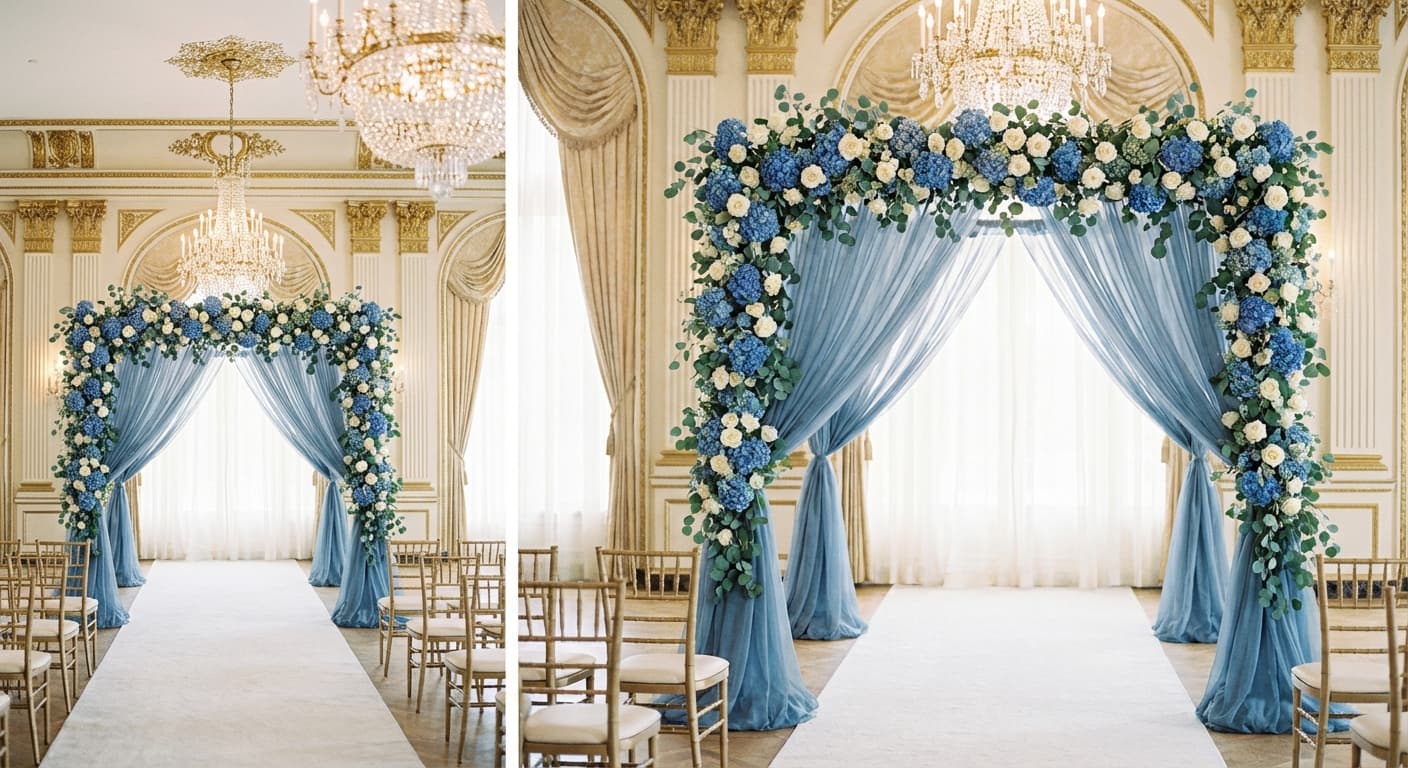 Dusty blue ceremony arch with cascading hydrangeas