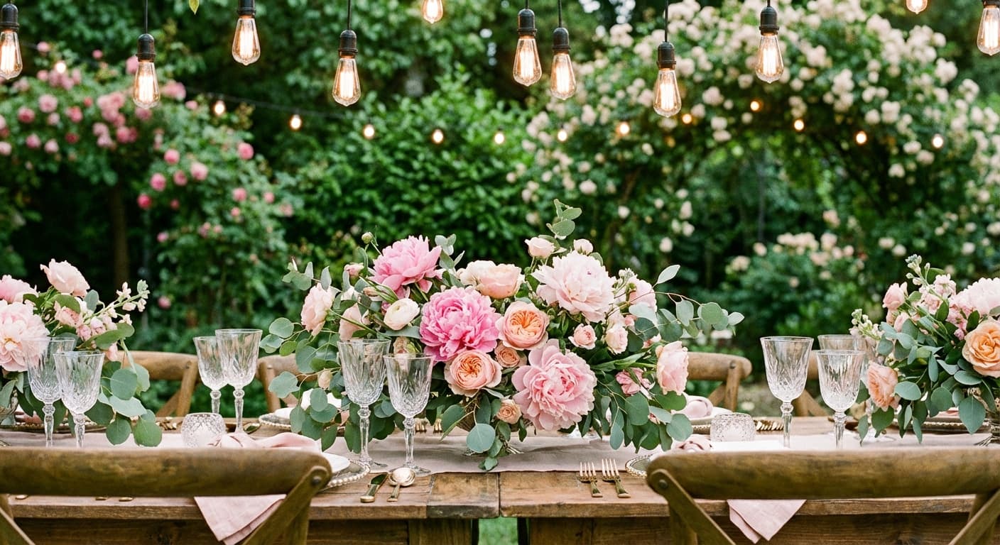Garden party tablescape with peony centerpieces
