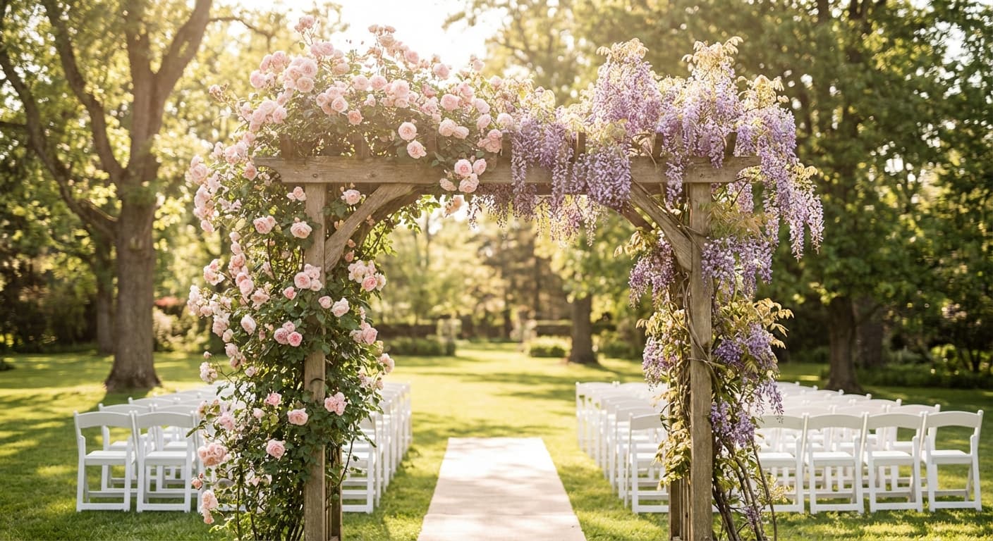 Garden wedding ceremony arch with climbing roses