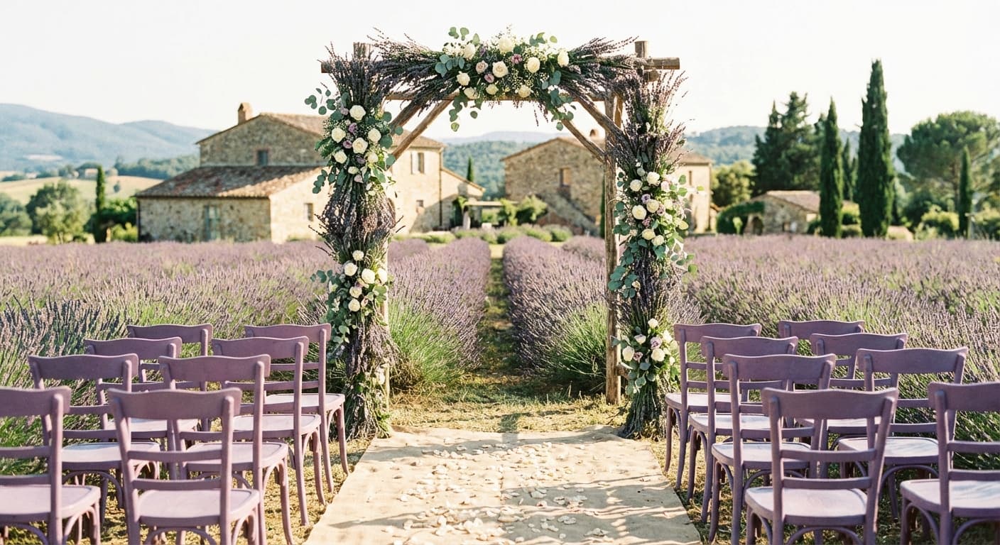 Lavender field ceremony with rustic wooden arch