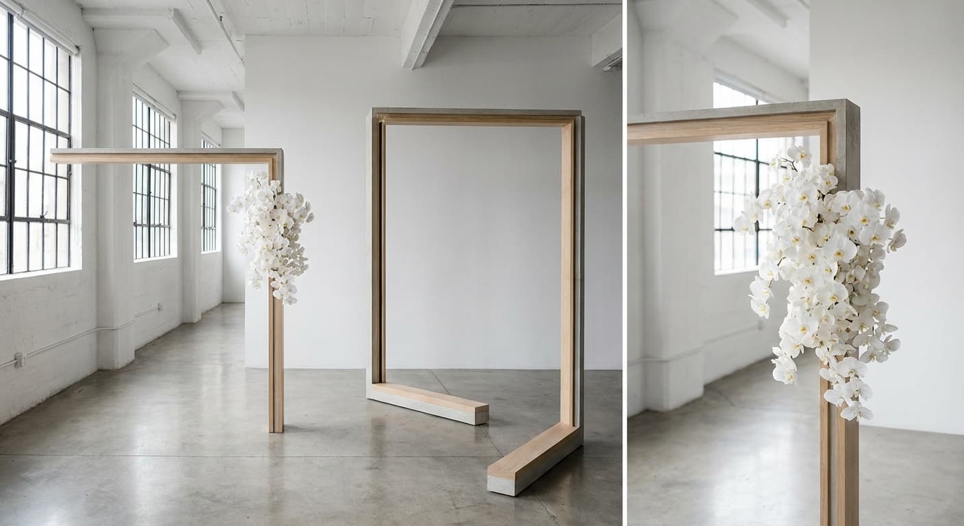 Minimalist ceremony arch in gallery space