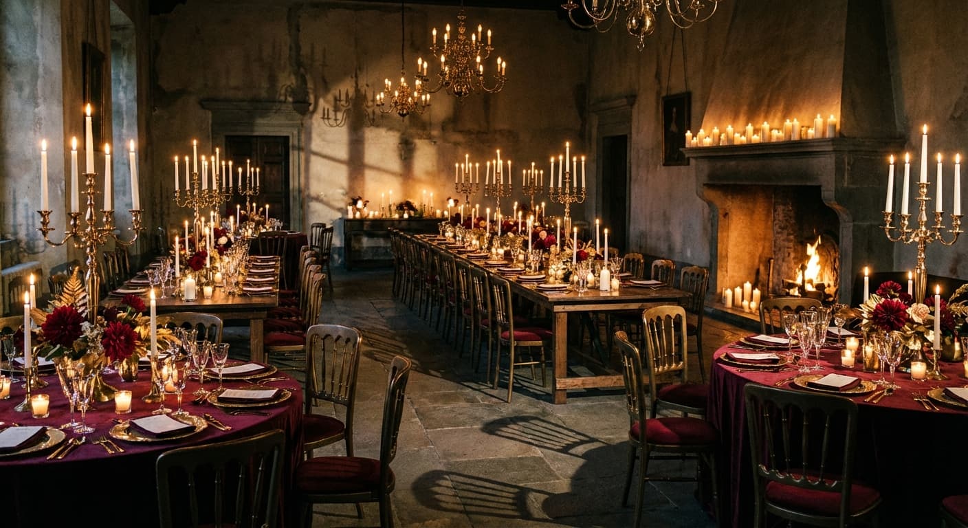 Moody reception hall lit entirely by candles