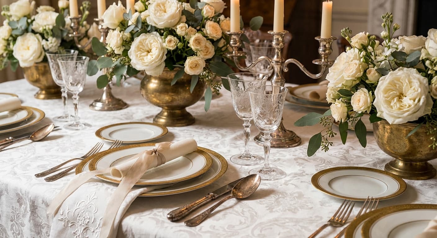 Old money luxury table with fine china and crystal