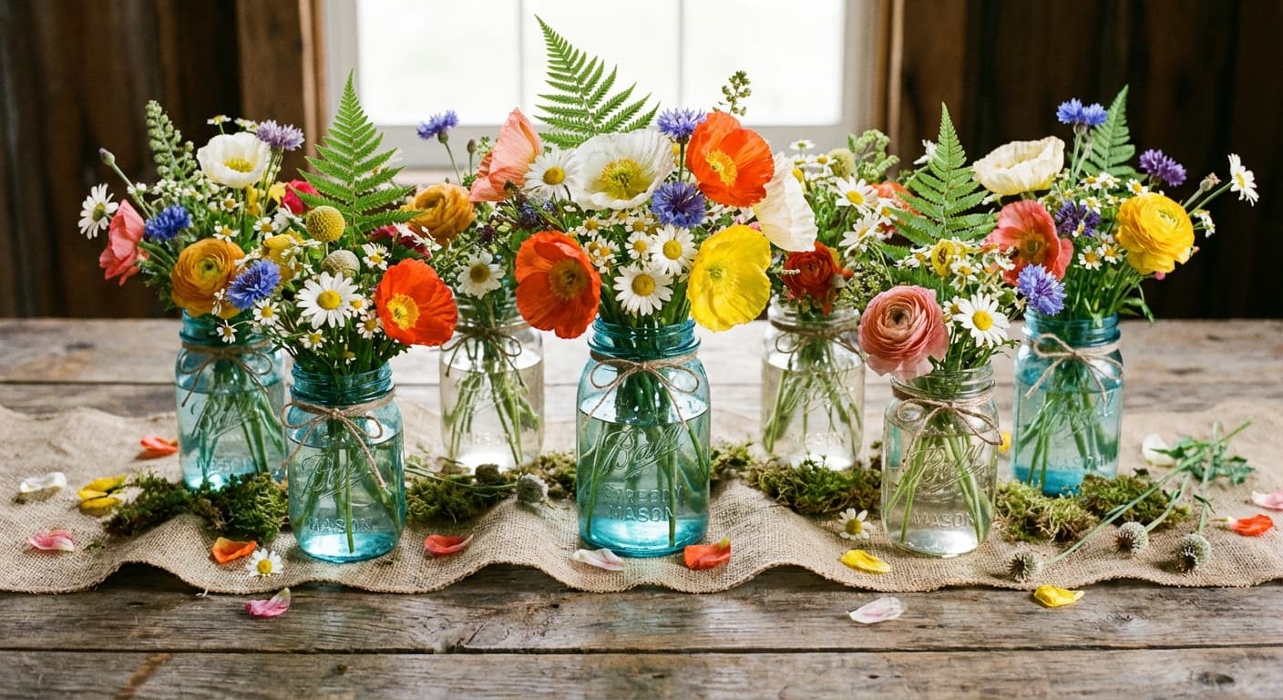 Wildflower centerpiece in vintage glass jars